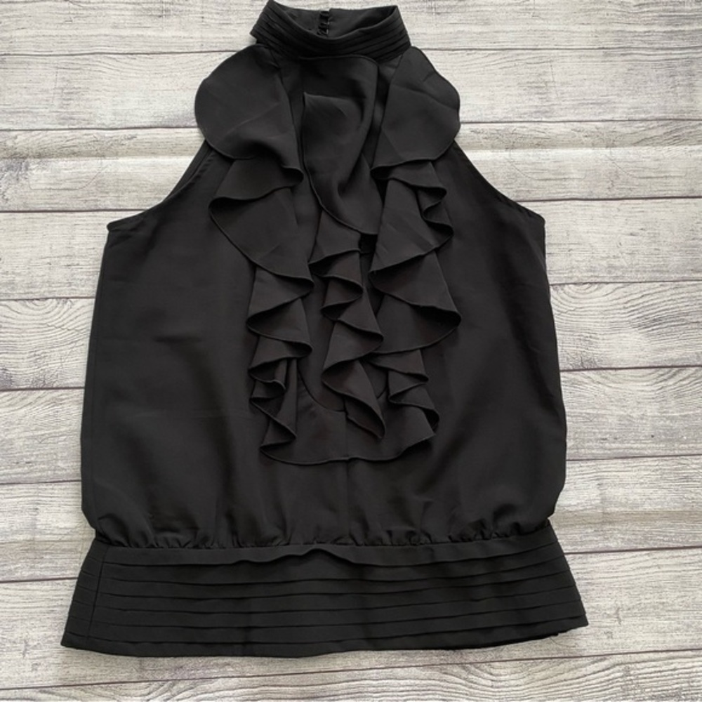 Black Halter High Neck Tuxedo Blouse Pleated waistband Button Neck Medium